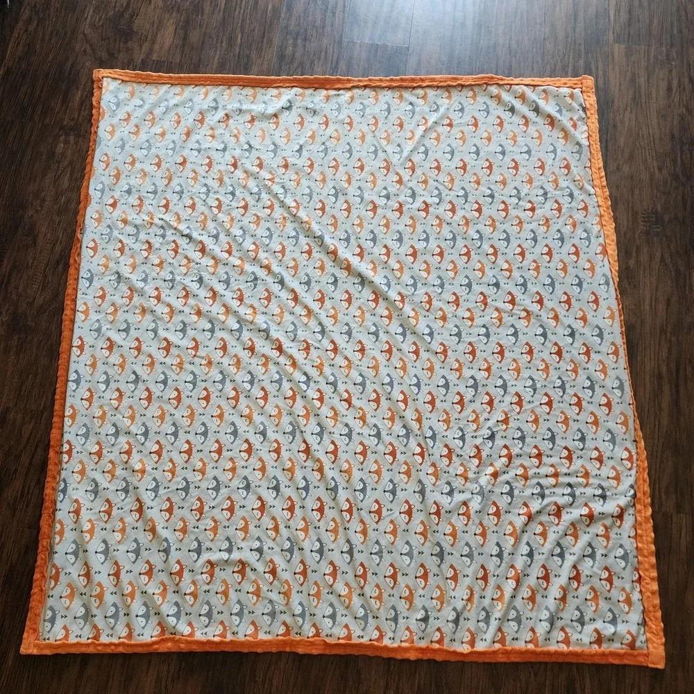 FOX Raccoon Face Gray Orange Baby Blanket Minky 55 X 51
